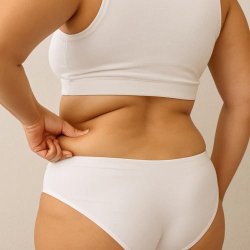 Mulher, com sobrepeso e gordurinhas nos flancos, veste lingerie branca. A criolipólise pode resolver o problema das gordurinhas extras.