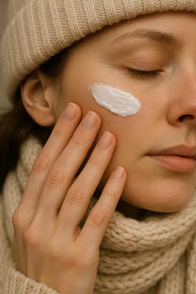 Linda jovem, usando touca e manta nude, passa creme hidratante na pele.