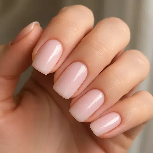 Mão feminina com lindas unhas pintadas de rosa claro.