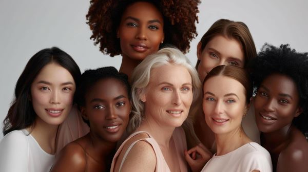 Grupo heterogêneo de mulheres belas, de várias raças e faixa etária. Beleza diversa e autoestima.