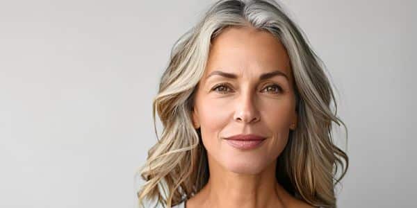 Linda mulher madura, com cabelos grisalhos e cacheados, sorri para a câmera. O laser Genesis da Cutera é um aliado do rejuvenescimento facial.